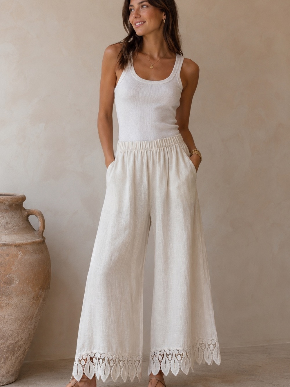 Terzo Millennio Pure Linen Wide Leg Pants Lace Hem Sand Beige Size  L NWT